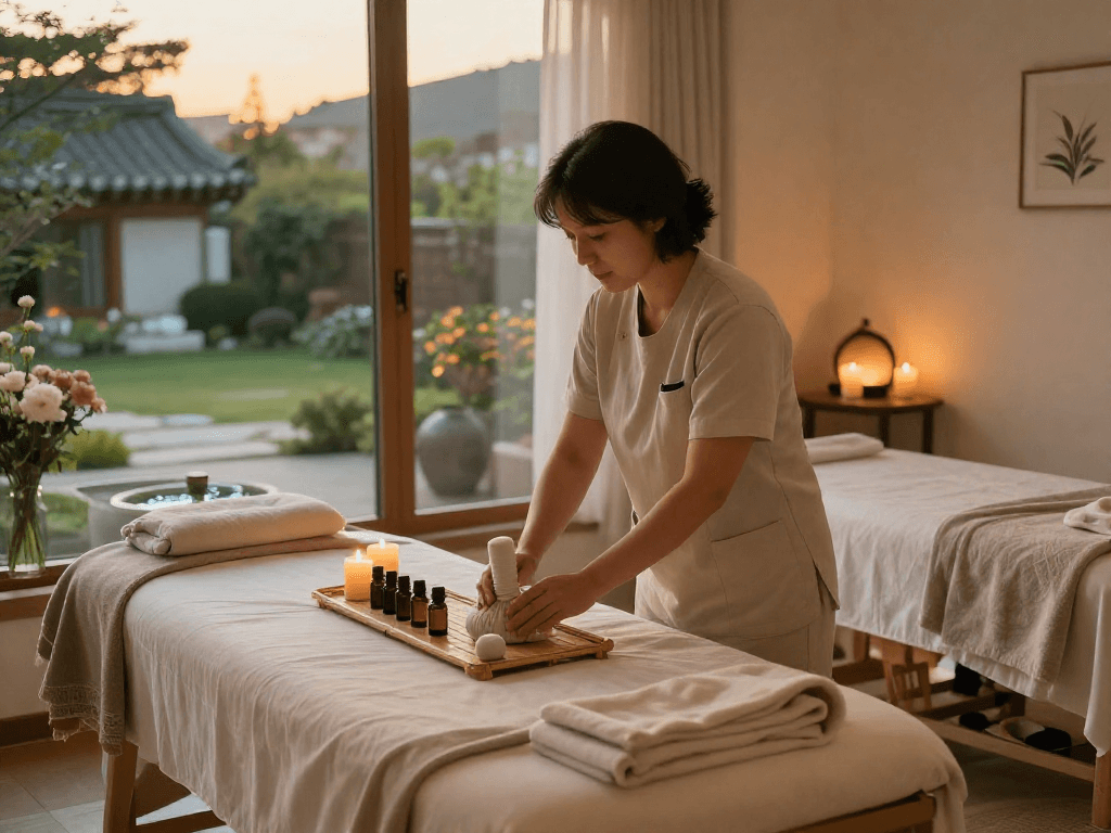 Tranquil 종로출장안마 session setup in a serene massage therapy room, featuring oils, calming decor, and natural light.