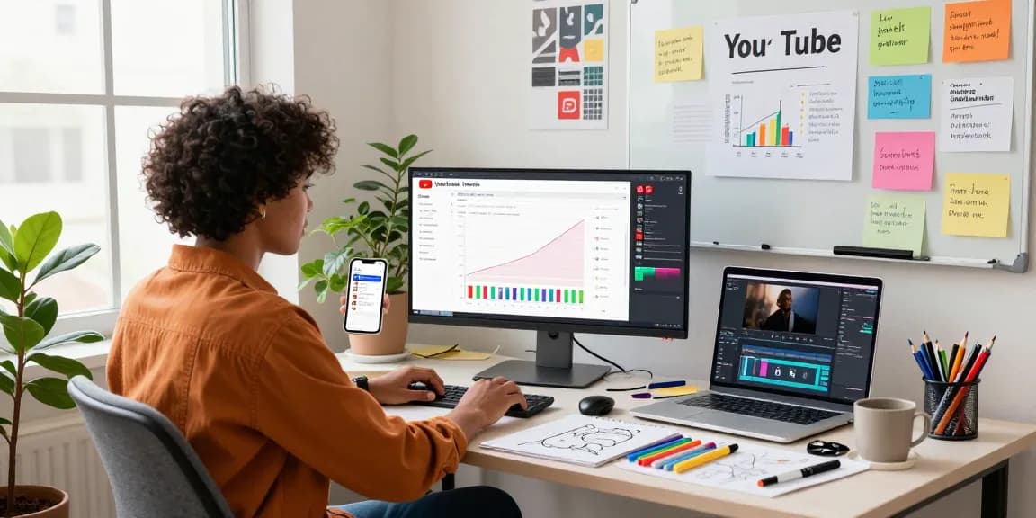 YouTube登録者購入をテーマにしたデジタルマーケティングの場面、クリエイティブな作業空間での若いコンテンツクリエイター。