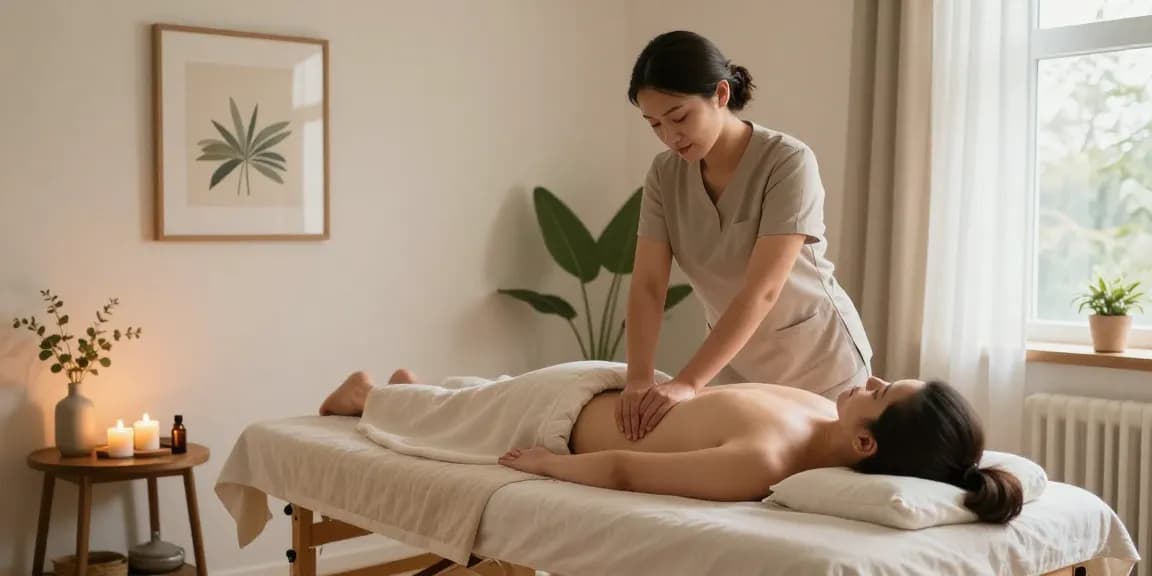 러시아안마를 받는 고객과 전문 관리사, 아늑한 마사지 공간에서 편안한 분위기 조성