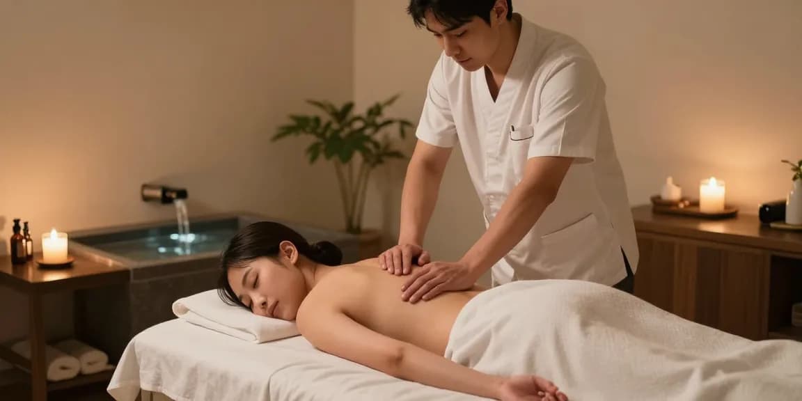 제주마사지 중인 남성 관리사와 편안한 고객의 모습, 아로마 향기와 함께 안정감 있는 분위기