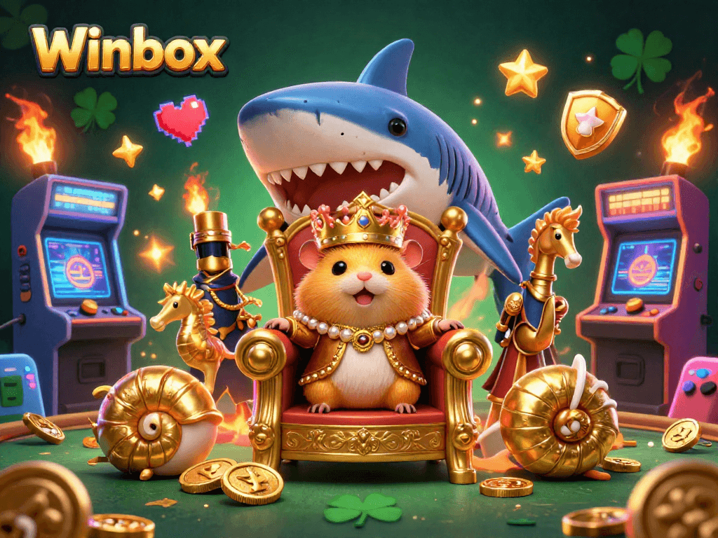 Winbox offers a captivating world where a hamster king reigns surrounded by gaming action and vibrant casino elements.
