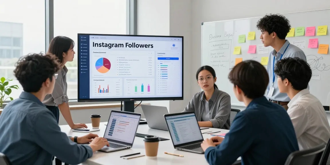 インスタグラムフォロワー購入の戦略を話し合う多様なチームのビジネスシーン