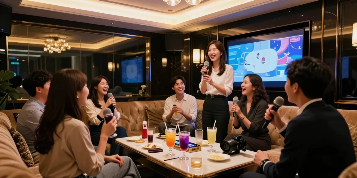 강남쩜오에서 고급스러운 분위기 속에 고객과 소통하는 전문 접객원과 다양한 음료가 있는 모습