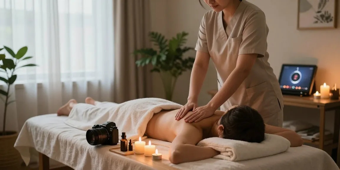 광명출장안마을 위한 아늑한 홈 스파 장면에서 마사지 중인 개인과 전문가가 함께 있는 모습