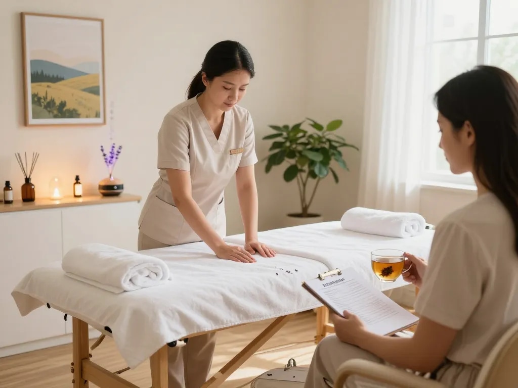 편안한 환경에서 치료를 준비하는 마사지사와 함께 환영하는 마사지 치료실, 오피스타 서비스 포함.