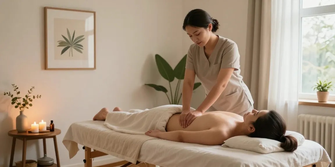 러시아안마를 받는 고객과 전문 관리사, 아늑한 마사지 공간에서 편안한 분위기 조성