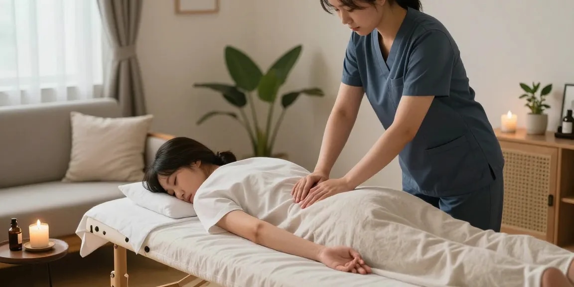 부산출장마사지 서비스 중인 마사지사와 편안한 고객, 아로마 향초와 식물이 있는 집안 분위기