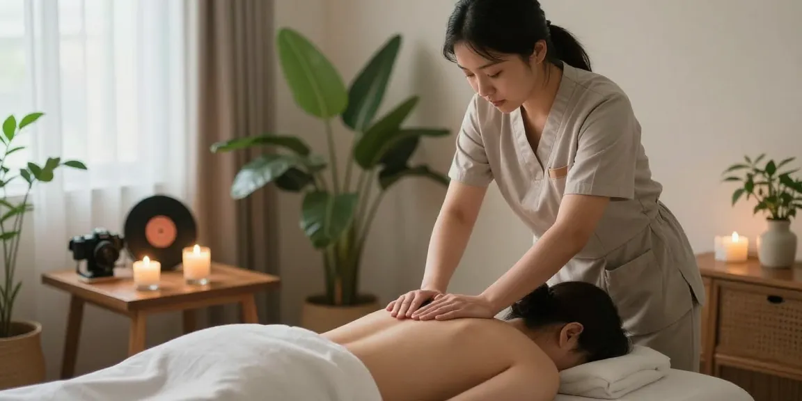 Relaxing 성남출장마사지 session with a therapist in a calming home environment featuring soft lighting and tranquil decor.