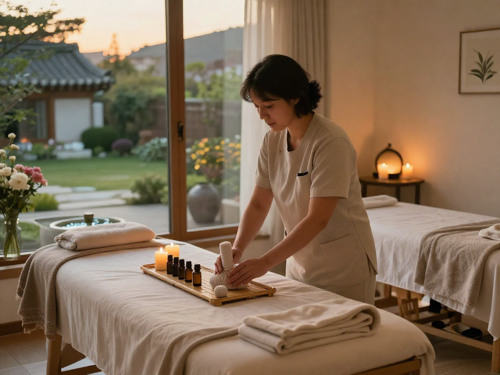 Tranquil 종로출장안마 session setup in a serene massage therapy room, featuring oils, calming decor, and natural light.