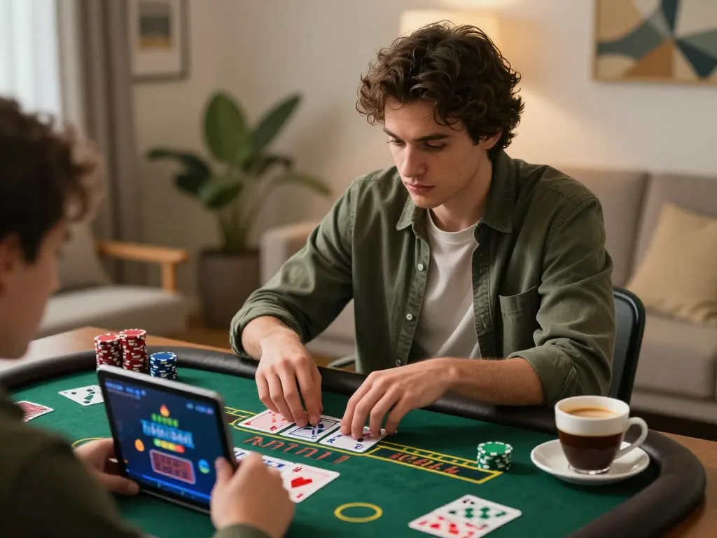 Player engaging with an online 78WIN casino game on a tablet during a relaxed home setup, emphasizing strategic gaming moments.