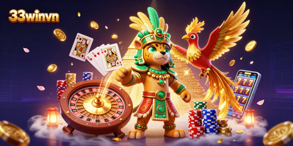 Experience excitement with 33winvn's vibrant casino game action featuring cascading coins and winning cards.