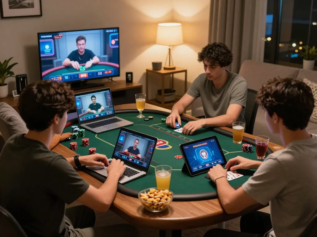 F168 players strategizing in an online poker game during a cozy home gathering.