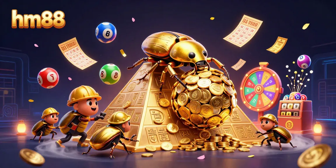 Win big with hm88 in this vibrant casino scene featuring golden beetles and colorful game elements.