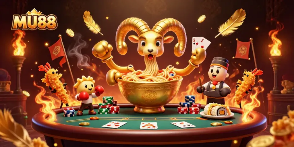 Engage in lively MU88 gaming with a vibrant scene of diverse characters and dynamic poker elements.
