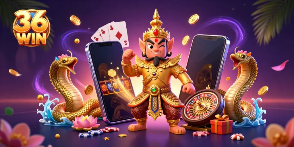 Experience excitement at 36 WIN with colorful slot games and engaging casino elements all around.