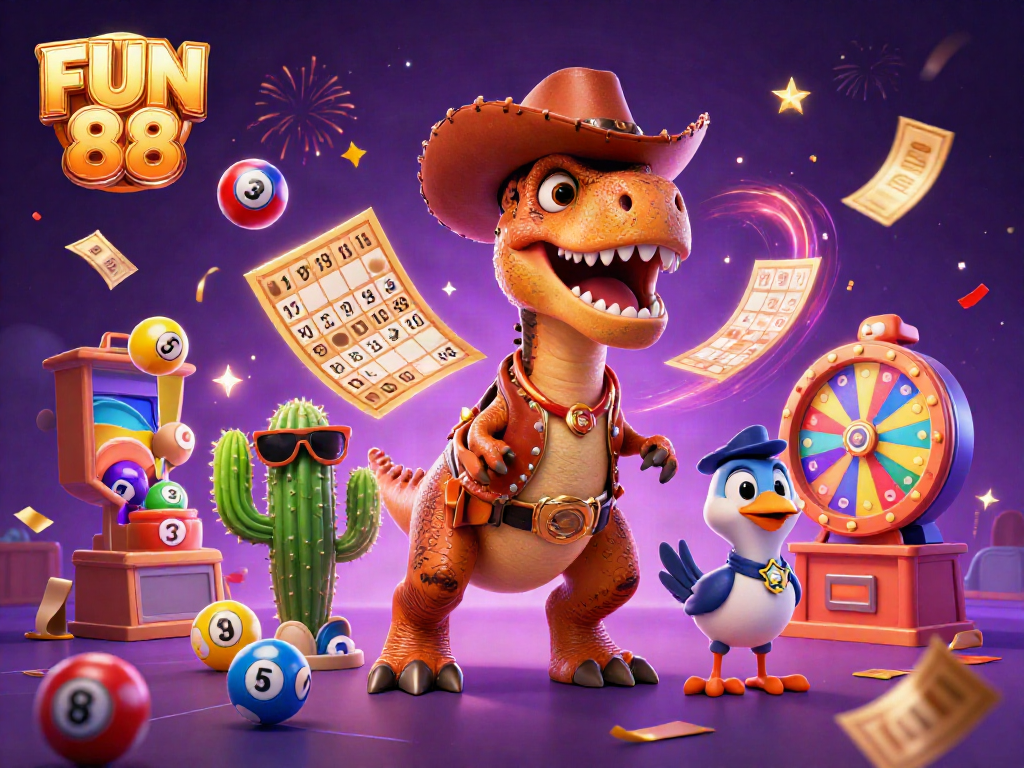 Experience the excitement of FUN 88 with vibrant scenes of online gambling and lively characters!
