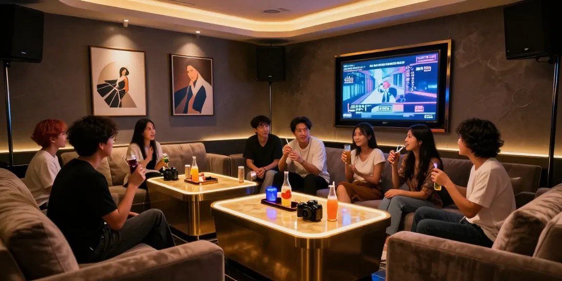 강남유앤미의 세련된 카라오케 공간에서 친구들이 즐거운 시간을 보내는 모습