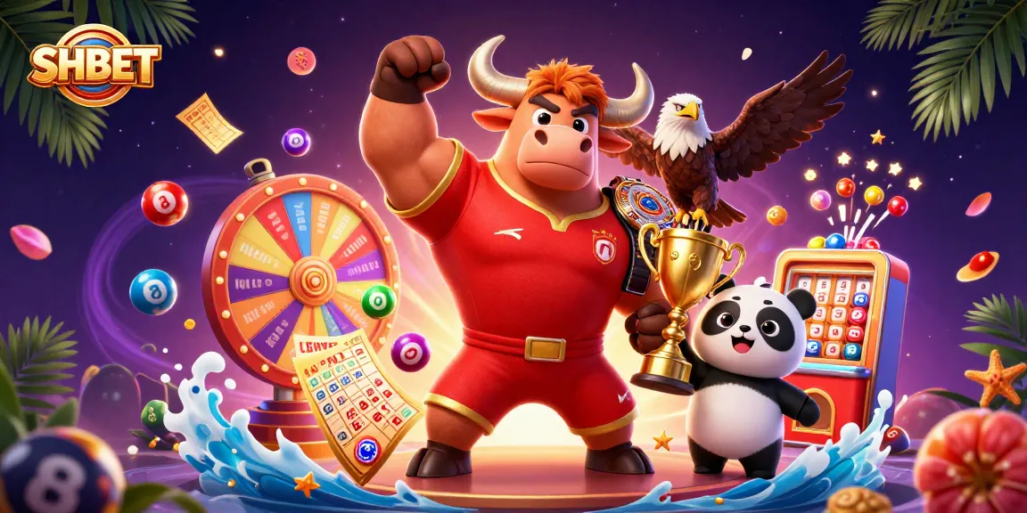 SHBET showcases dynamic gambling excitement with energetic characters celebrating wins and colorful game elements.