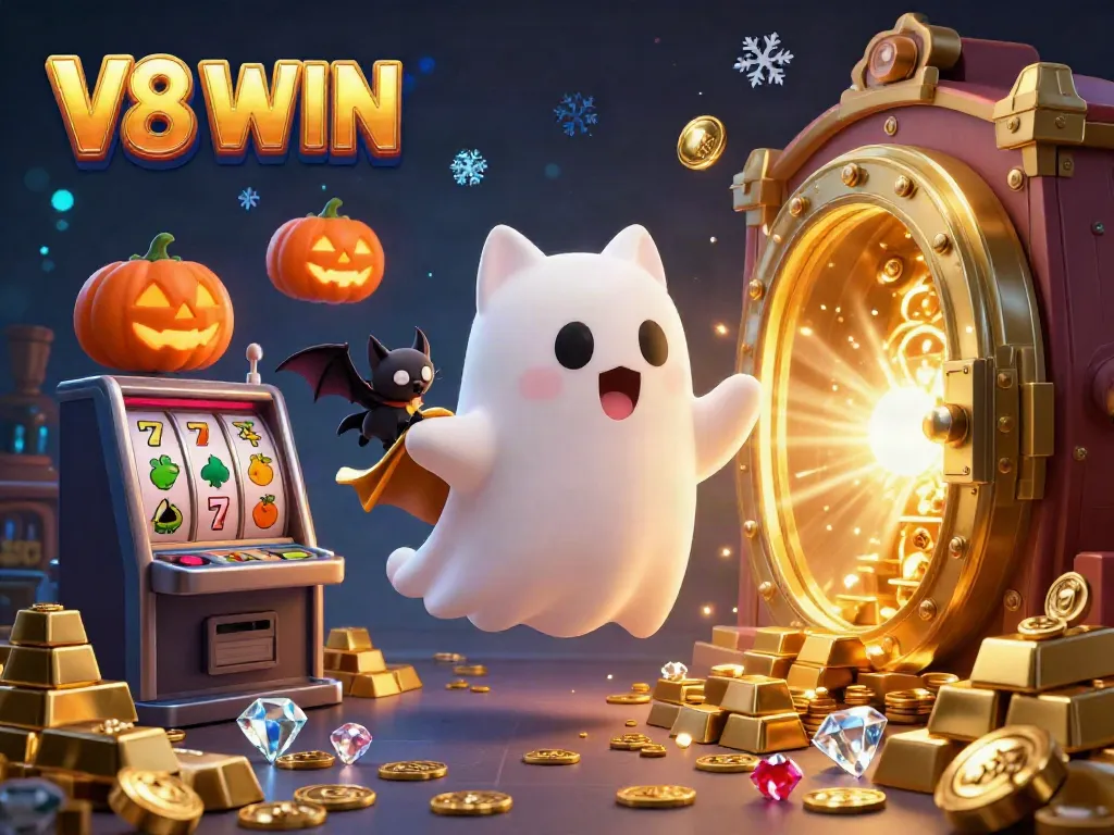 Experience thrilling gameplay featuring V8 WIN in a vibrant casino scene with a ghost cat and mystical elements.