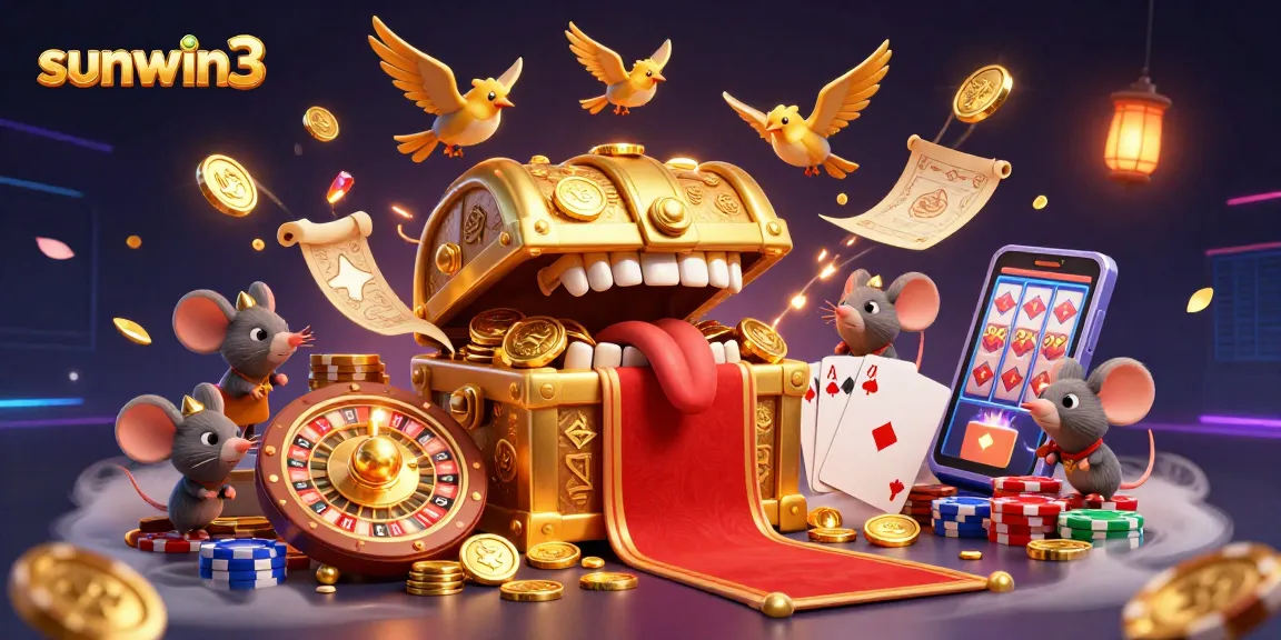 Experience thrilling gameplay with sunwin3's vibrant casino scene, showcasing treasure chests and spinning roulette wheels.