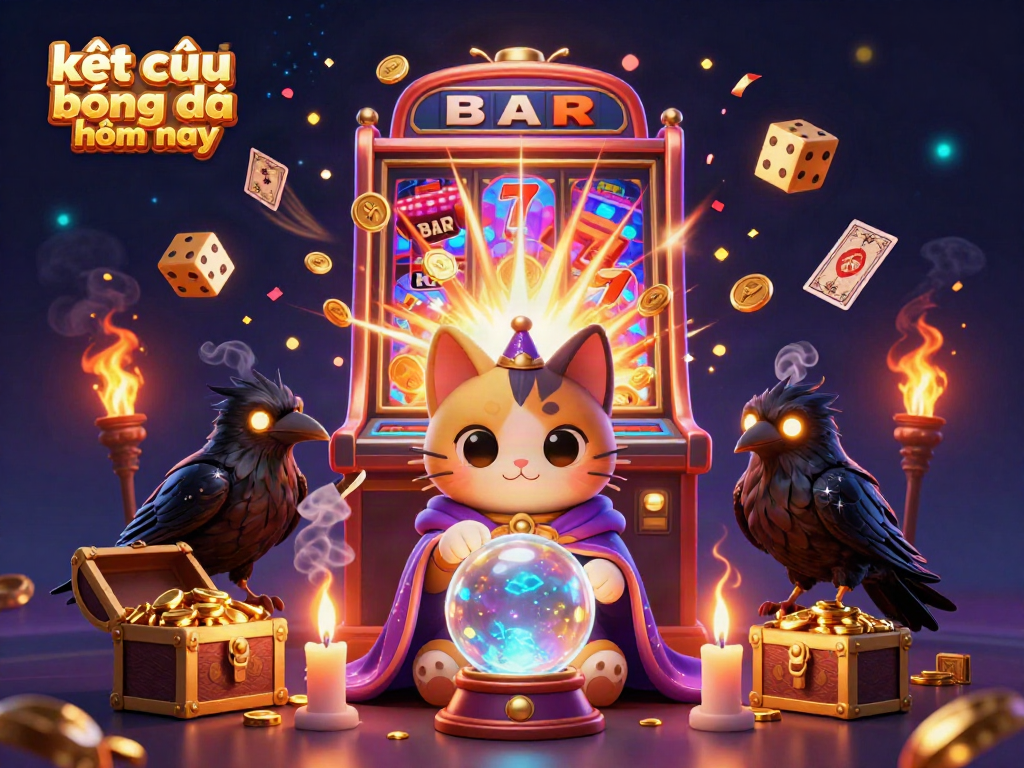 Experience the excitement of kết quả bóng đá hôm nay with a vibrant casino scene showcasing a mystical cat, excited raven, and magical elements.