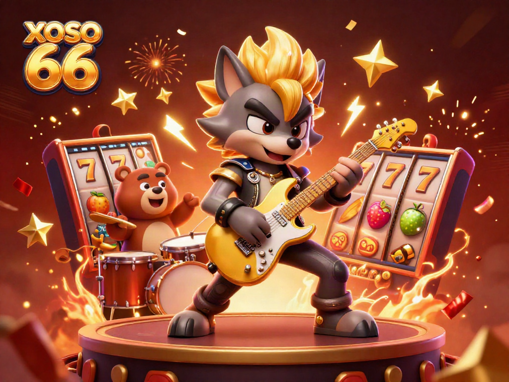 Engage with XOSO 66 as exciting slot reels and vibrant characters bring online gaming to life in this dynamic scene.