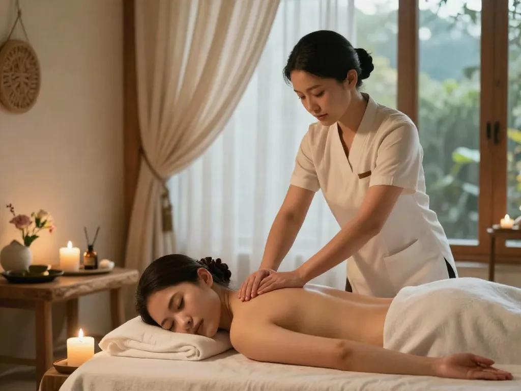 Serene 부평출장안마 spa scene with a therapist performing a relaxing massage.