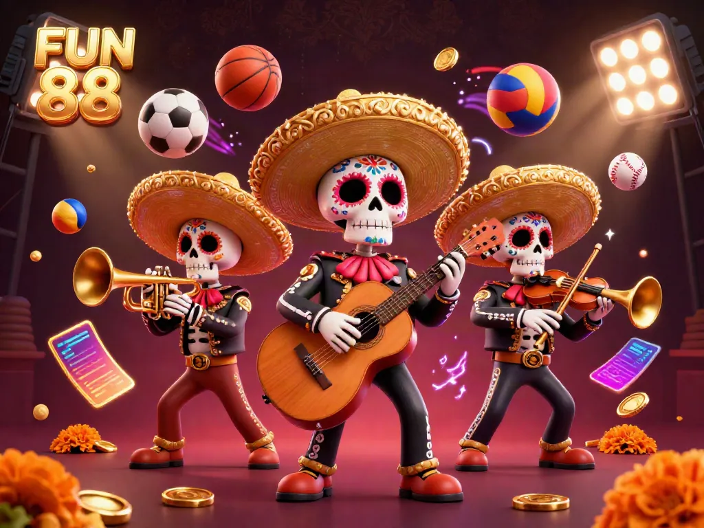Experience the excitement of FUN 88 with a vibrant scene featuring a Dia de los Muertos mariachi band amidst a bustling casino atmosphere.