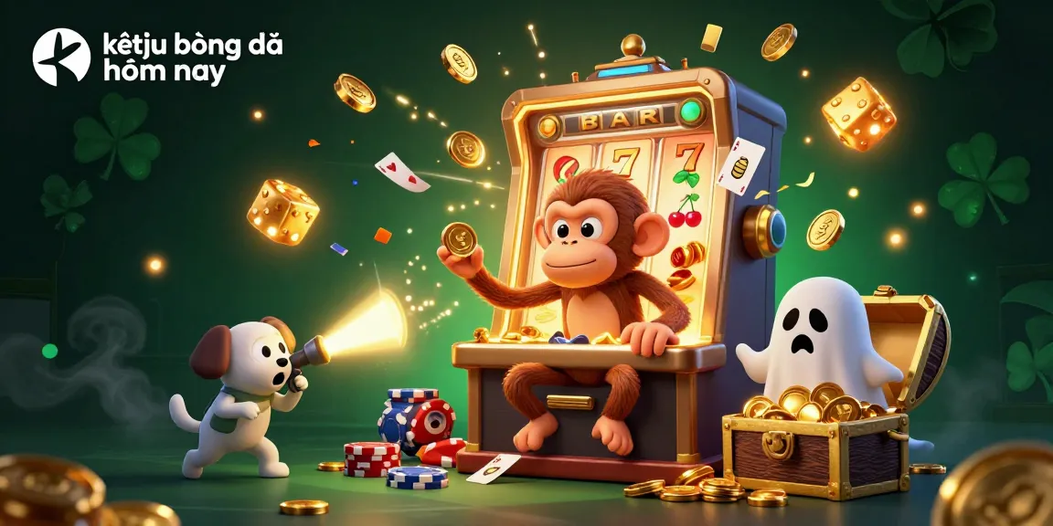 Experience the excitement of kết quả bóng đá hôm nay with a lively haunted casino scene featuring a mischievous monkey and a curious puppy.