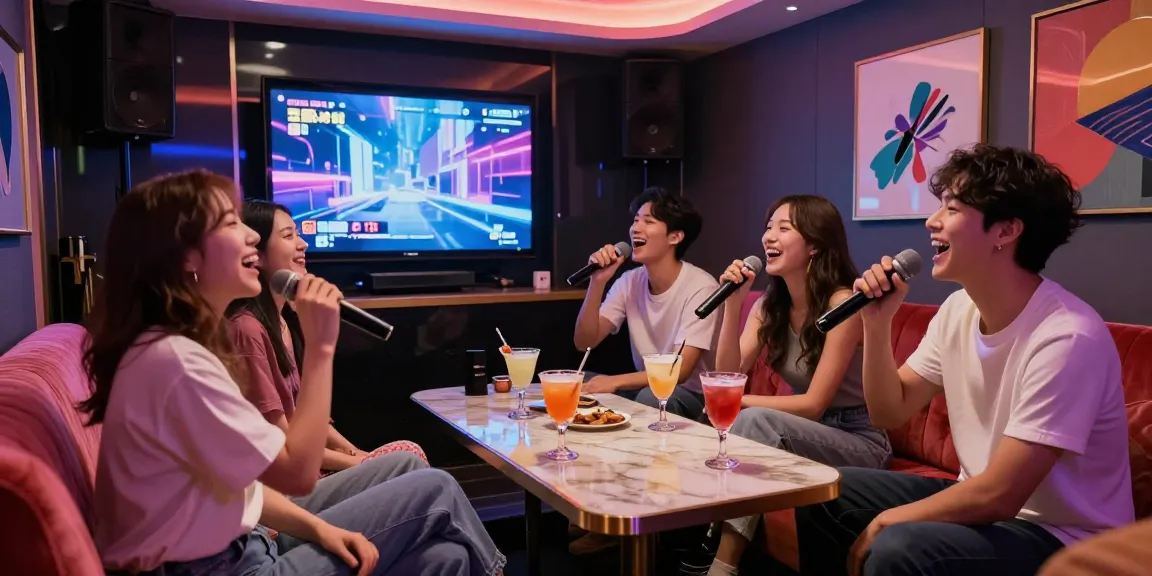 강남가라오케에서 즐거운 시간 보내는 친구들, 화려한 인테리어와 어우러진 분위기