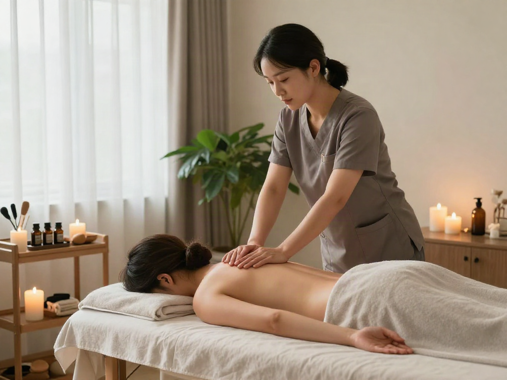 Engaging 김포출장안마 session showing a professional therapist providing relaxation in a serene home setting with soothing elements.