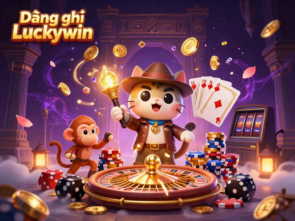 Experience the thrill of Đăng ký Luckywin with vibrant 3D casino characters amid cascading coins and spinning roulette.