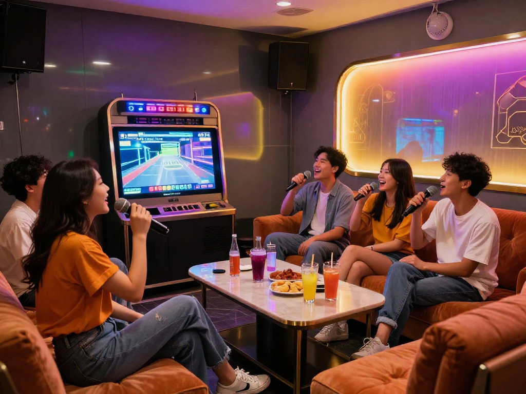 강남 가라오케에서 즐거운 노래 시간을 보내는 친구들