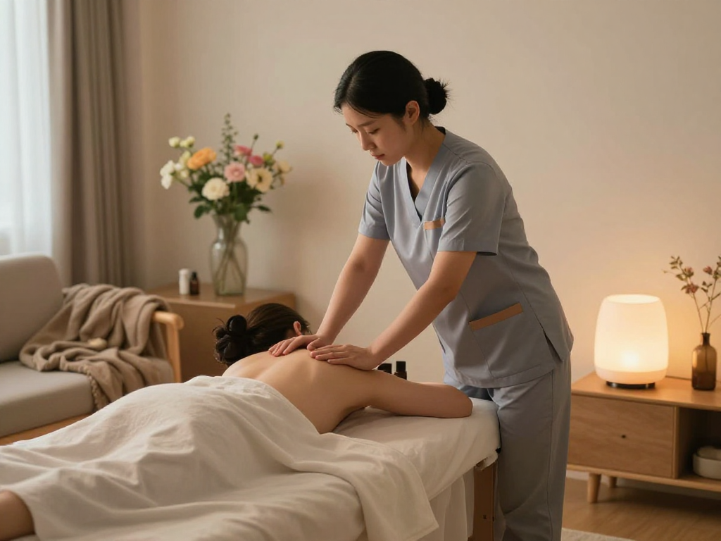 Professional 인천출장안마 service in a serene home environment with massage therapist and relaxing decor.