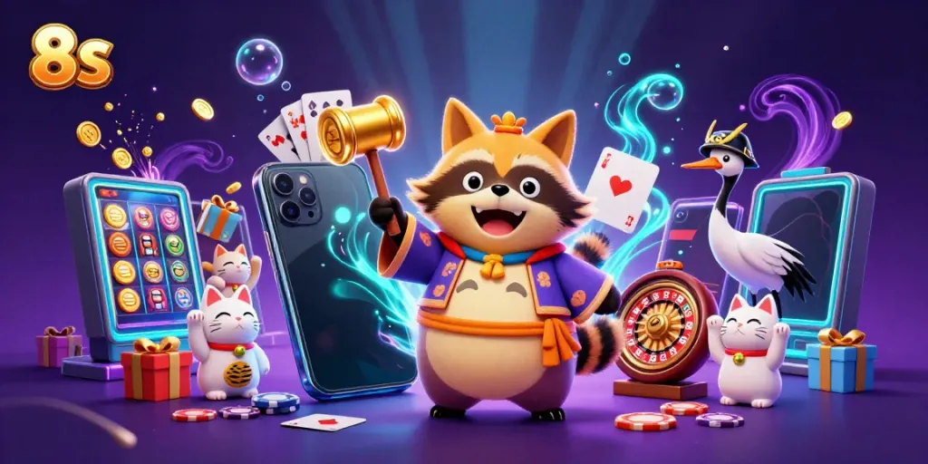 Engage with the vibrant 8 S casino scene featuring dynamic slots, cheerful tanuki, and lucky symbols.
