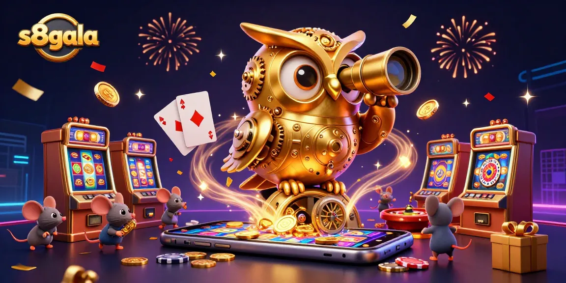 S8gala captivates players with a dynamic casino scene featuring a golden owl and slot games.