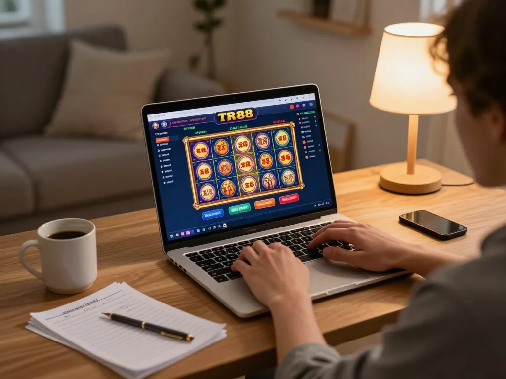 Player engages in online gaming at TR88 trang chủ from a cozy home setting, showcasing a thoughtful approach to casino strategy.