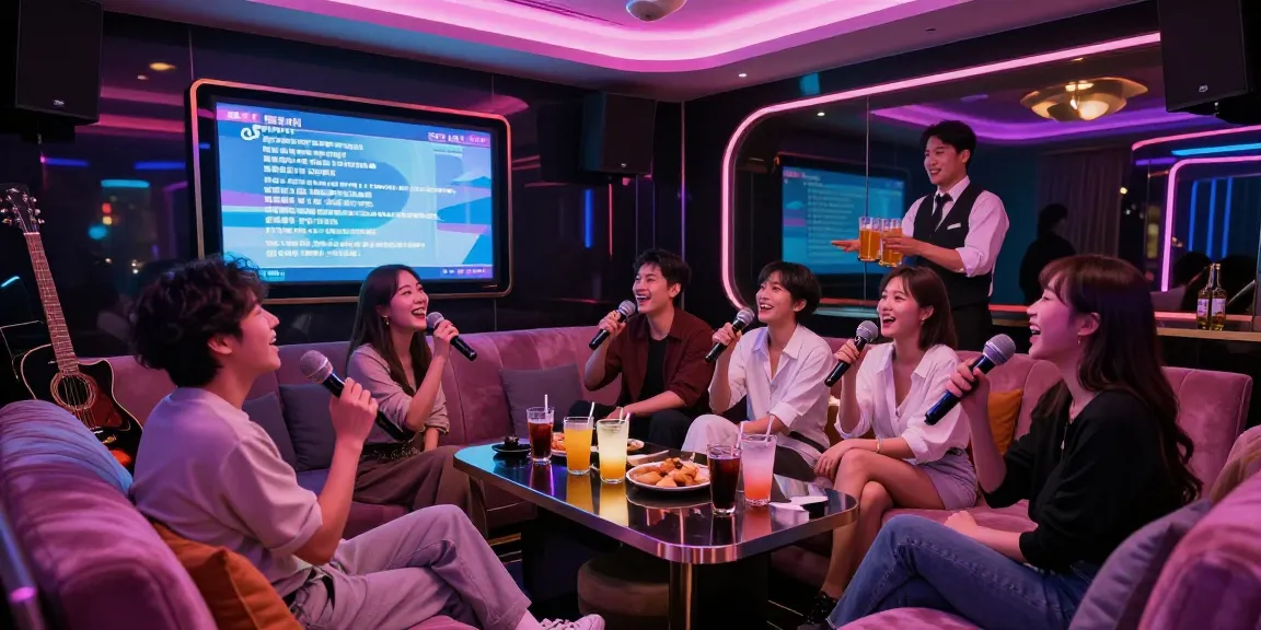강남쩜오에서 친구들과 노래를 부르며 즐거운 시간을 보내고 있는 화려한 카라오케 룸 모습