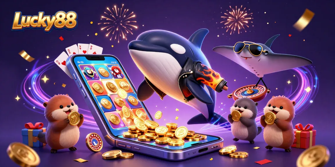 Lucky88 offers players excitement with vibrant otters, whales, and casino themes in a colorful, dynamic scene.