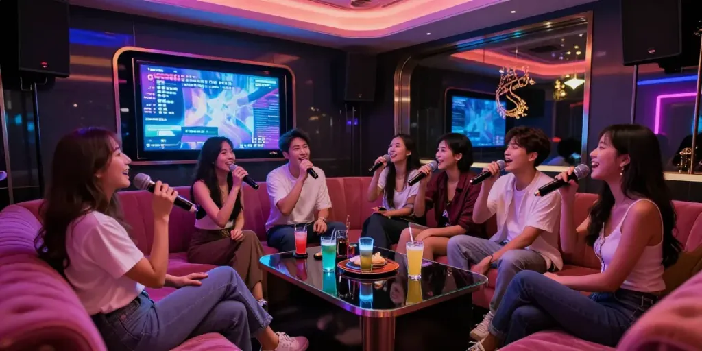 강남달토의 프리미엄 가라오케 룸에서 친구들과 함께 즐거운 시간을 보내는 모습
