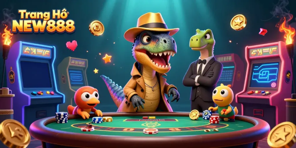 Experience gaming excitement at Trang Chủ NEW888 with vibrant characters and dynamic casino elements.