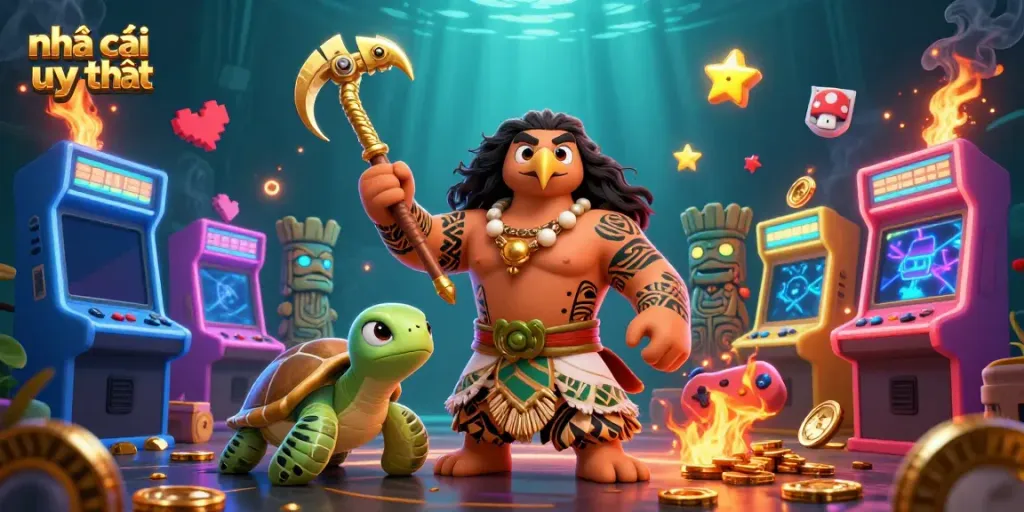 Engaging illustration showcasing nhà cái uy tín with characters and vibrant casino elements