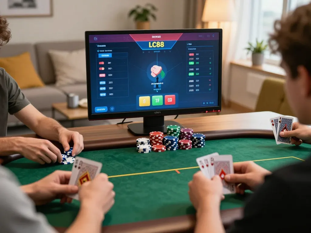 Engaging online poker game on LC88 app showcasing players' cards and bet strategy.