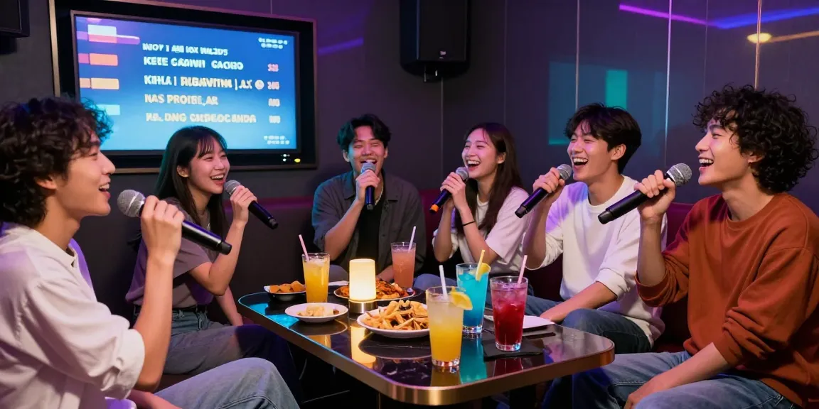 강남가라오케에서 친구들과 함께 즐거운 시간을 보내는 모습, 화려한 조명이 비추는 프라이빗룸에서 노래를 부르는 장면.