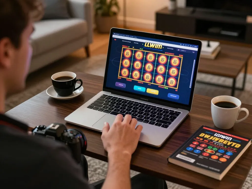 Engaging gameplay on LLWIN platform with colorful slot reels displayed on high-end laptop in cozy home