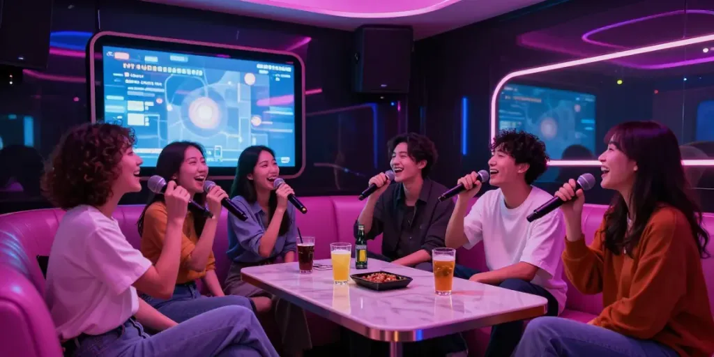 강남가라오케에서 친구들과 함께 노래를 부르고 있는 모습, 현대적인 룸과 화려한 조명