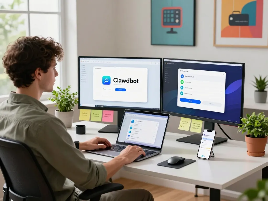 User utilizing Clawdbot AI in a modern home office, showcasing productivity and integration with messaging platforms.