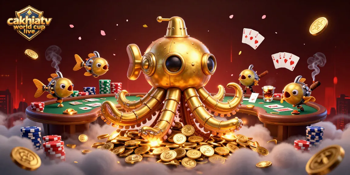 Cakhiatv world cup live promotes an exciting gambling experience with a kraken submarine navigating golden coins.