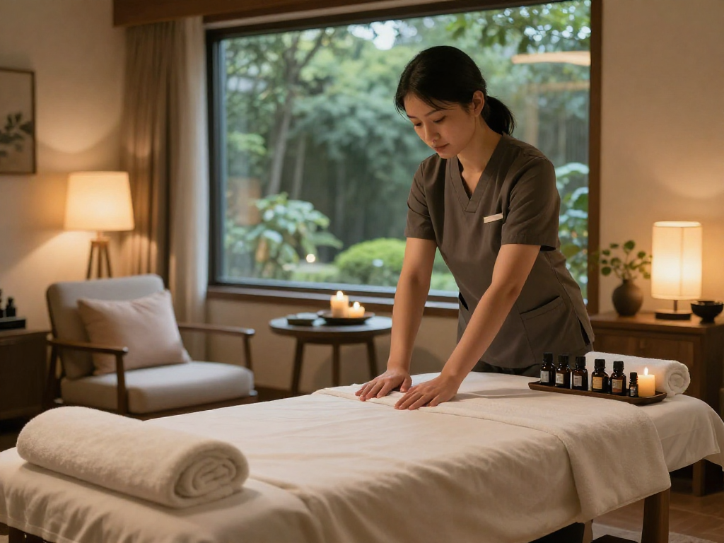 Enjoying a tranquil 출장마사지 session in a serene hotel suite with calming ambiance.