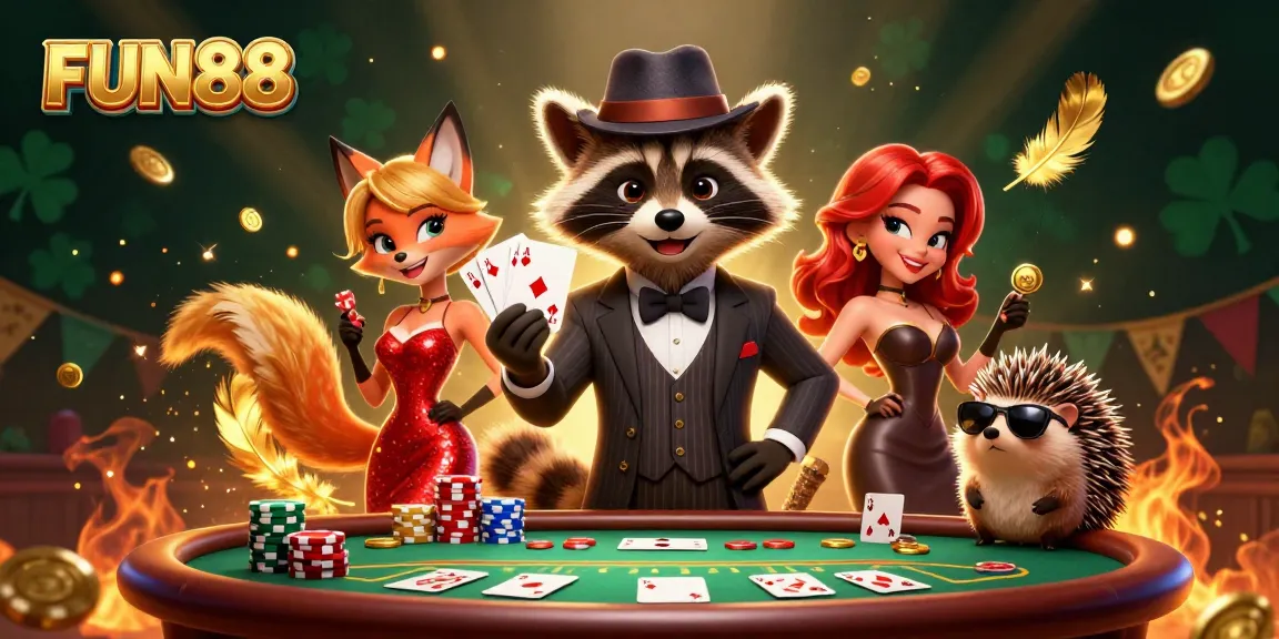 Engage in thrilling FUN88 poker action with a charismatic raccoon, fox, and hedgehog in vibrant casino art.
